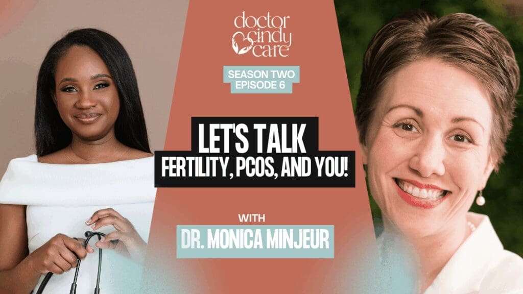 Doctor Cindy Care” podcast, Season Two, Episode 6, titled “Let’s Talk Fertility, PCOS, and You!” featuring host Dr. Cindy and guest Dr. Monica Minjeur. Both women are smiling, with a split-screen design highlighting their portraits